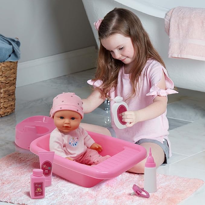 Baby Doll Bath Set with Bathtub & Playtime Accessories – Bath Time Playset for Kids, Girls 12” Doll, 8pc Pink 3+…