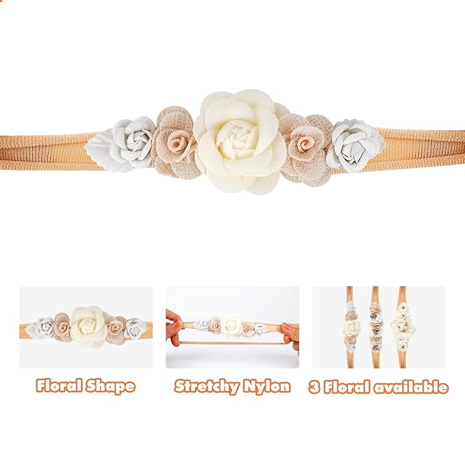 Tinabless Baby Girl Floral Headbands (3PCS), Hairbands for Baby Girls Newborn Infant Toddlers