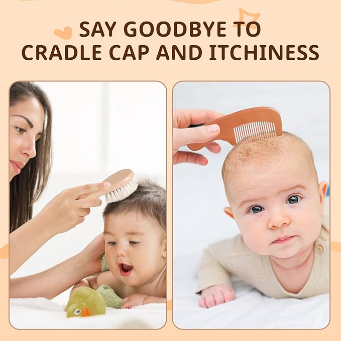 Baby Hair Bush and Comb Set - Wooden Baby Hair Brush Set with Soft Goat Bristle and Baby Comb for Newborns & Toddlers, Ideal for Promotes Healthy Hair Growth, Cradle Cap