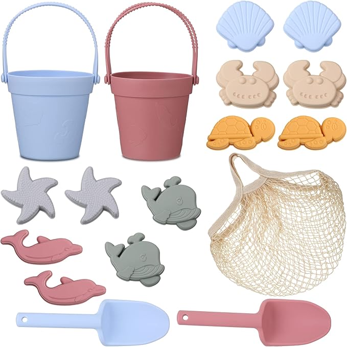 Hungdao 16 Pcs Silicone Beach Toys and 1 Mesh Beach 3D Marine