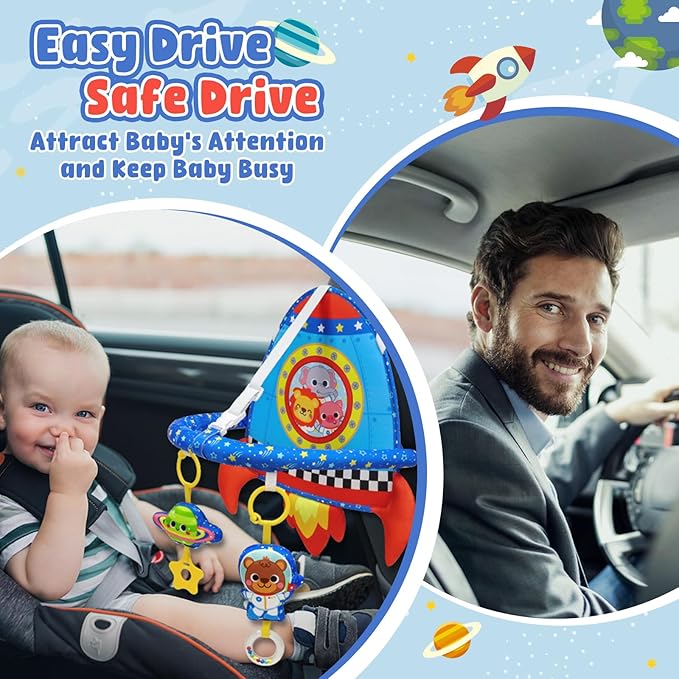 Dr.Rapeti Double-Sided Car Seat Toy, Rear Facing Car Seat Toy, Travel Activity Set, Easier Drive for Newborn, Adjustable Activity Arch with Baby Mirror, Teether, Ring Rattles