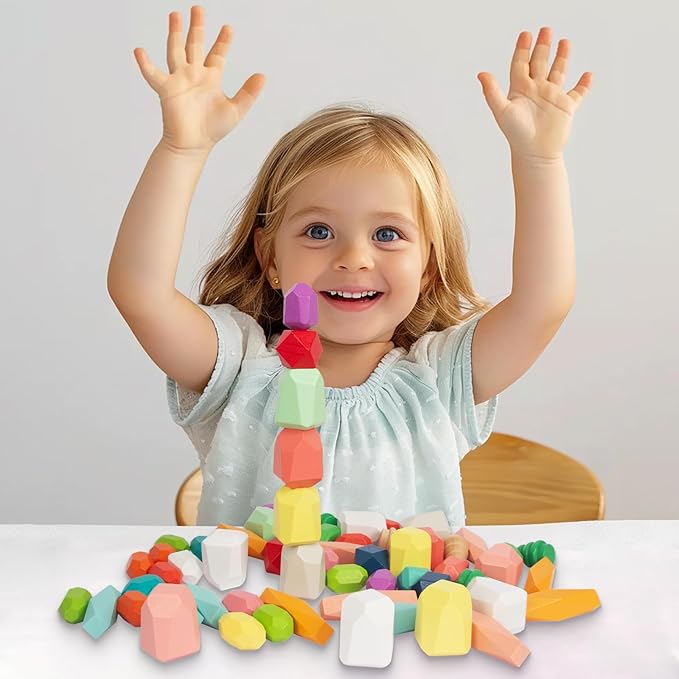 48 PCS Wooden Sorting Stacking Rocks Stones,Sensory Toddler Toys Learning Montessori STEM Toys 3-6 Years