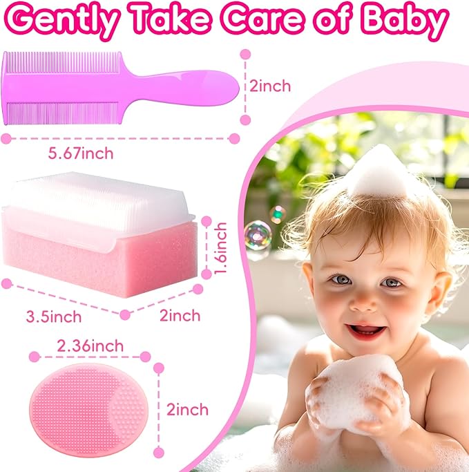 Cradle Cap Brush for Babies, Set of 5 Baby Bath Essentials with Bath Sponge Silicone Scrubber Long Handle Comb for Newborns Toddlers Boys Girls (Pink)