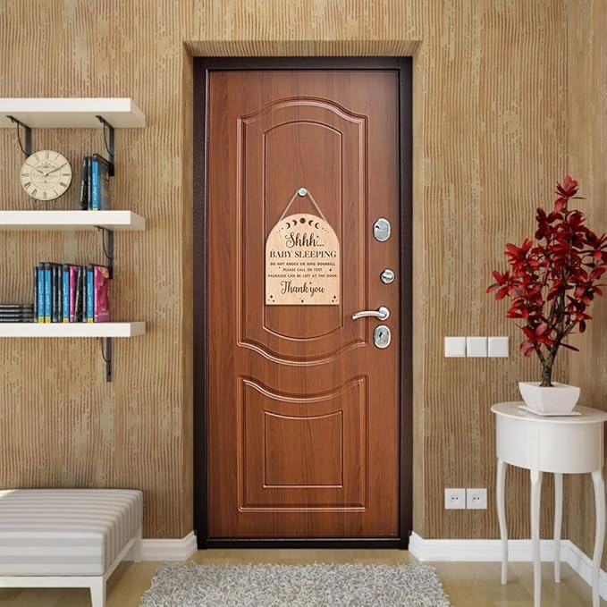 OLMIXA Baby Sleeping Wooden Hanging Sign for Front Door (9.8x12inch), Do Not Knock or Ring Door Knob Hanger Sign