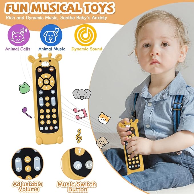 Orzbow Baby Remote Control Toy for 6 Month+ with Silicone Teether Cover, TV Remote Toy with Realistic Light and Sound - English