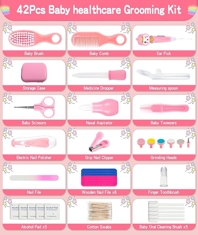 Baby Grooming and Healthcare Kit, Portable Baby Safety Care Set with Hair Brush Comb Nail Clipper Nasal Aspirator for Nursery Newborn Infant Girl Boy (27 in 1