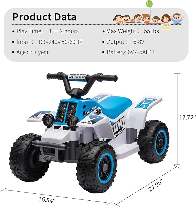 Hetoy 6V Kids Ride On Electric ATV, Ride Car with LED Headlights 1-3 Boys