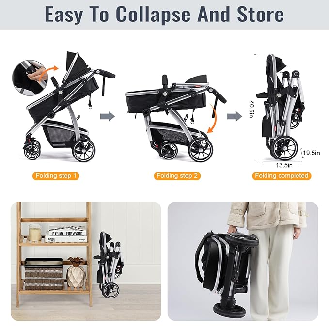 Baby Stroller, 2-in-1 Reversible Toddler Seat with Lie-Flat Mode, Foldable Infant Stroller with Canopy, One Button Brake, Adjustable Handle, Newborn Pushchair(Black)
