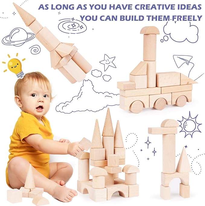 100Pcs Wooden Building Blocks Set- Wood Stacker Stacking Blocks Game Toys for Toddlers, Multiple Shapes