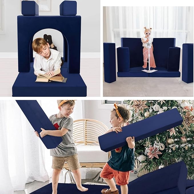 MeMoreCool Modular Kids Play Couch, 10 Piece Foam Lounge Sofa for Playroom, Large Toddler Bed and Block Couch for Boys, Navy