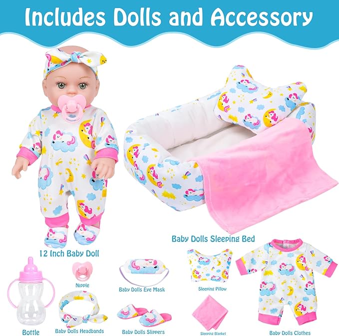 12 Inch Baby Doll With Soft Crib Bassinet Bed,Sleep Time 3+ Kids