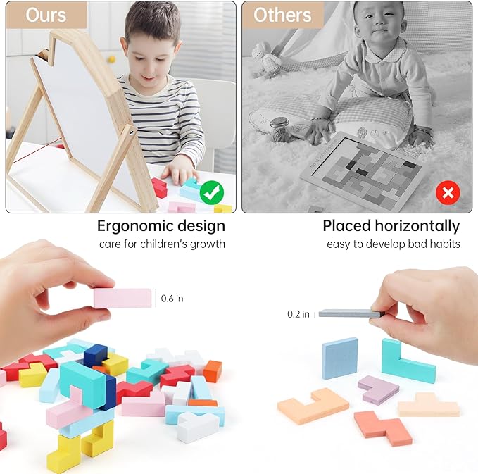GEMEM Wooden Blocks Puzzles for Kids Ages 4-8, Thick 3D Russian Blocks Brain Teasers Tangram Jigsaw, STEM Intelligence Toys,Montessori Educational Gift for Toddlers Kids 3 4 5 6 7 8 Boys Girls