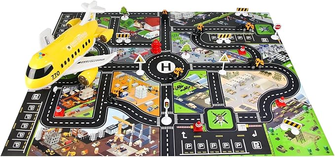 Hapavis Airplane Toys with Construction Truck Engineering Vehicle Play Mat
