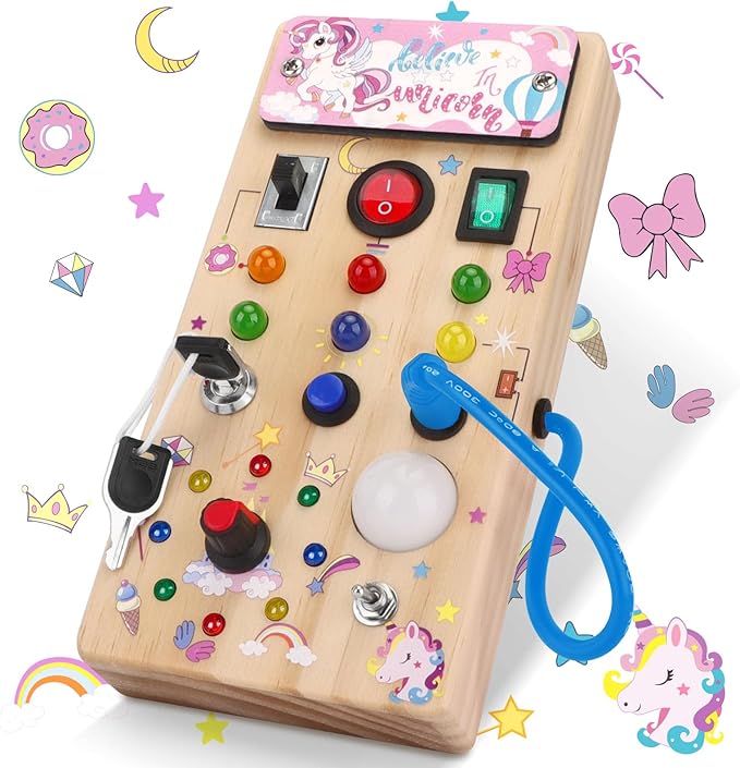 Unicorn Wooden Busy Board Sensory Toys with 8 LED Light 1 Year