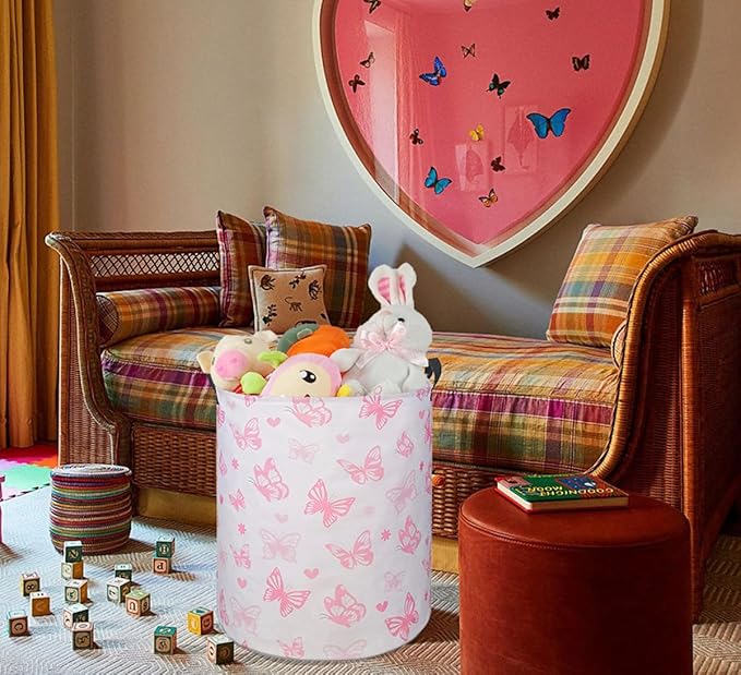 Round Pink Butterfly Laundry Basket for Girls Room Decor, Kids