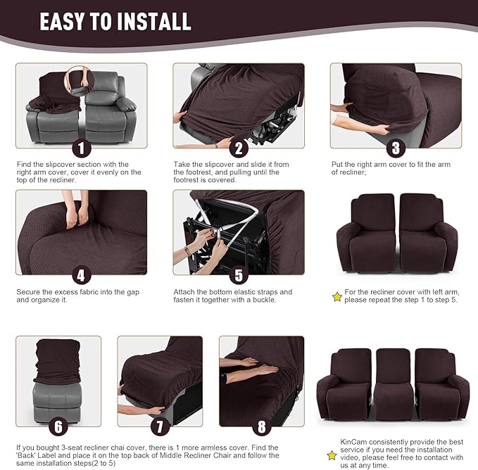 KinCam Recliner Covers, Stretch Reclining Chair Covers, Recliner Sofa Slipcovers Stripe Jacquard Recliner Couch Covers Furniture Protector Covers for Pet Kid (3 Seater, Chocolate)