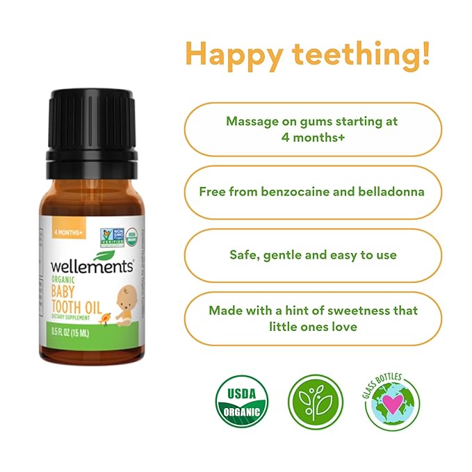 Wellements Organic Baby Tooth Oil | Soothing Massage Oil for Tiny Gums, Helps Make Teething Happy 0.5 Fl 4 Months