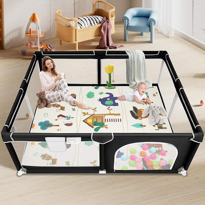 Suposeu Large Baby Playpen with Mat, Portable Baby Fence Area with Gate, Toddlers and Pets Play Yard with Non-Slip Mat, Safety Fence for Indoor and Outdoor Use(71x59 Inches, Black)