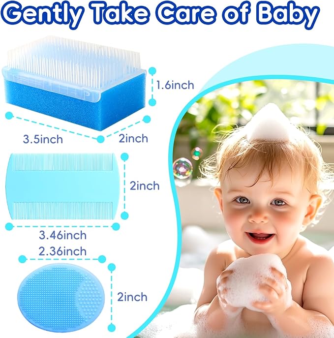 Cradle Cap Brush for Babies, Baby Bath Essentials with Silicone Scrubber Bath Sponge Dual-Sided Comb for Newborns Toddlers Boys Girls (Blue,Set of 5)