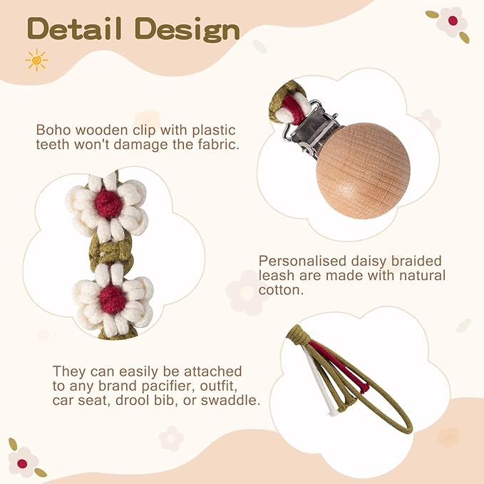 Braided Pacifier Clip for Boys Baby Girls Floral Daisy Macrame
