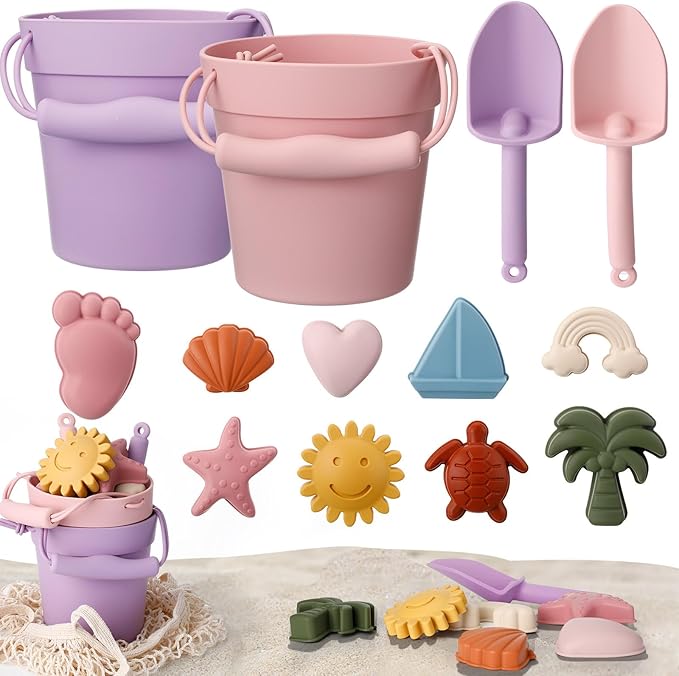 Hungdao 14 Pcs Silicone Beach Toys Travel Beach Set Sand Toys Include 2 Silicone Bucket Pail, 2 Shovel 9 Sand 1 Beach