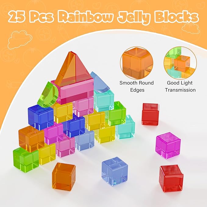 BESFAN Building Blocks Set, Acrylic Rainbow Gem Cubes Stacking Toy with 2 Wooden Castle 3+ Year