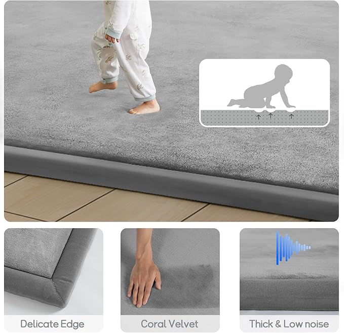 Baby Play Mat Coral Velvet Nursery Rug - 9’2” X 6’7” Memory Foam Area Rug Soft Padded Carpet
