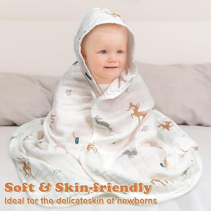 Zainpe 4Pcs Muslin Baby Hooded Towel & Washcloth Set Deer 31.5 x 31.5 in