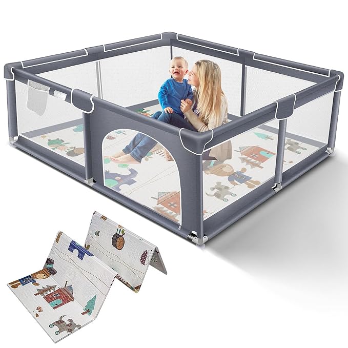 Suposeu Baby Playpen with Mat, Large Playpen for Babies and Toddlers, Play Yard for Indoor and Outdoor Use, Sturdy Safety Fence with Soft Breathable Mesh (71x59 Inches, Grey)