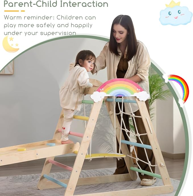 HIGOGOGO 9-in-1 Indoor Playground - Toddler Jungle Gym Montessori Climbing Set Toy Wooden Pikler Triangle with Monkey Bars, Arch 2-12 Years
