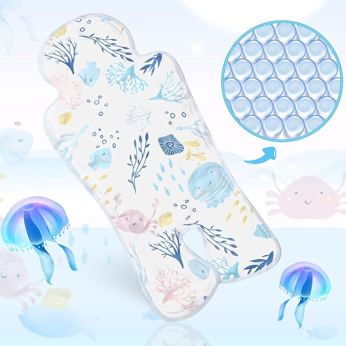Pinkunn Gel Car Seat Baby Cooling Pad for Summer Breathable Stroller Cooler Pad Multifunctional Carseat Cooling Mat for Baby Child Dining Chair Safety Seat Stroller(Blue, White,Sea)