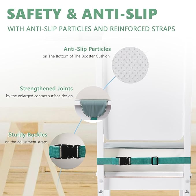 Booster Seat for Kitchen Chair with Adjustable Straps, Toddler Booster Seats for Dining Table Portable for Travel Camping Eating, Booster Cushion for Table for Baby Child Infant Kid Boy Girl