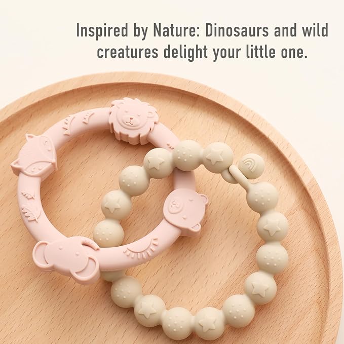 Baby Teether Rings Silicone Teethers for Babies Multi Use Baby 3 Pack-Blush