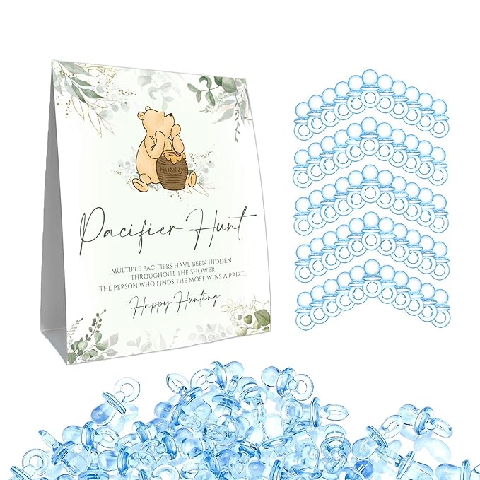 Winnie Mini Pacifiers Baby Shower Game Set, Classic Winnie Decor Pacifier Hunt Baby Shower Game 50Pcs Blue 8 * 10IN