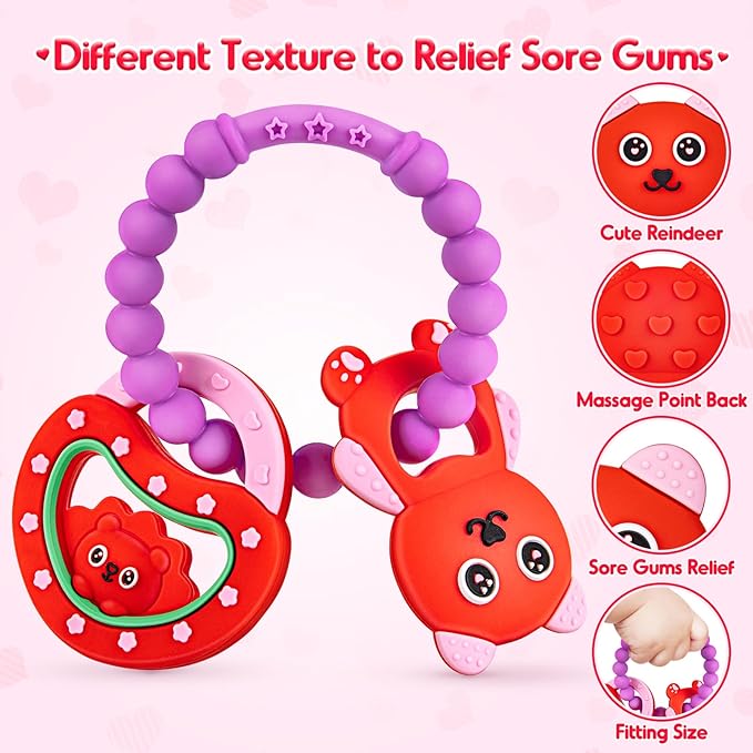 NPET Baby Valentines Teething Toy, Cute Bear & Red Heart Teeting Ring Infant Baby Teething