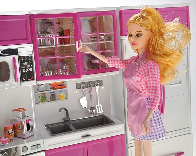 PowerTRC Doll Kitchen Play Set, Mini Modern Toy Pink Kitchen Pretend Furnitures Toy Set Accessories Set with Realistic Light & Sound for Kids Toddlers Girls (4-in-1 w/ 11.5โ Doll)