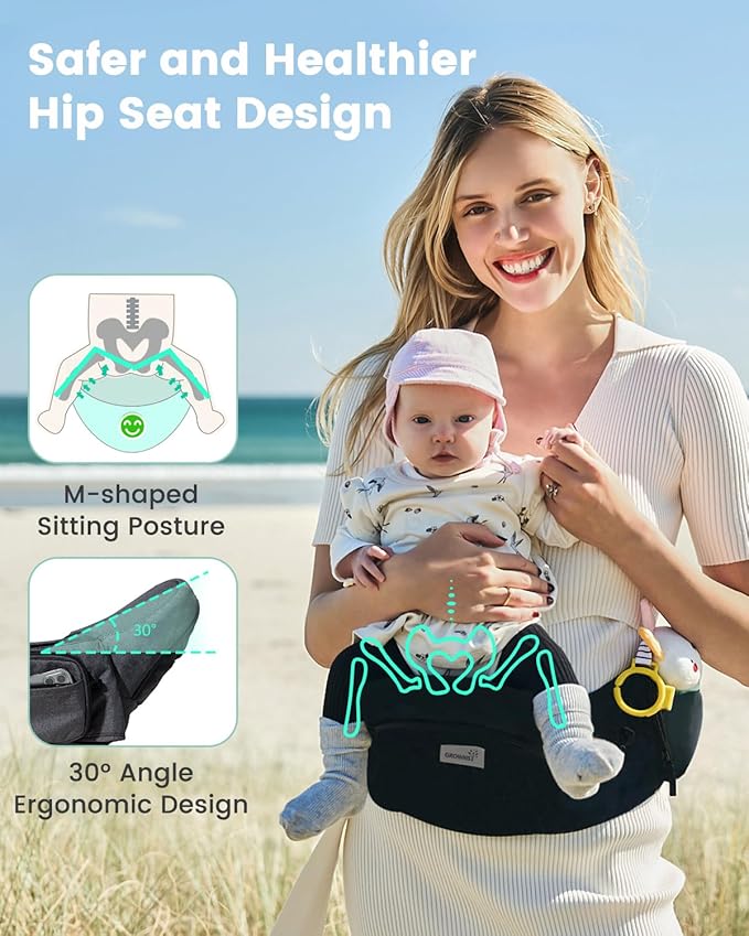 Baby Hip Seat Carrier, GROWNSY Baby Carrier with Multiple Pockets, Adjustable Extended Waistband for Newborns & Toddlers up to 50 lbs, Black