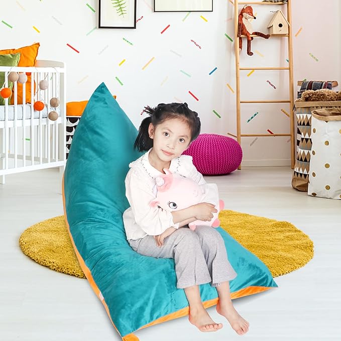 LOLOMLO Stuffed Animal Storage Bean Bag Chair Cover, Velvet Turquoise Orange Plush Toy Storage Stuff and Sit Seat for Kids/Teens/Adults, 52" x 31" Extra Large Triangle Sofa, 200L/52Gal, Cover Only