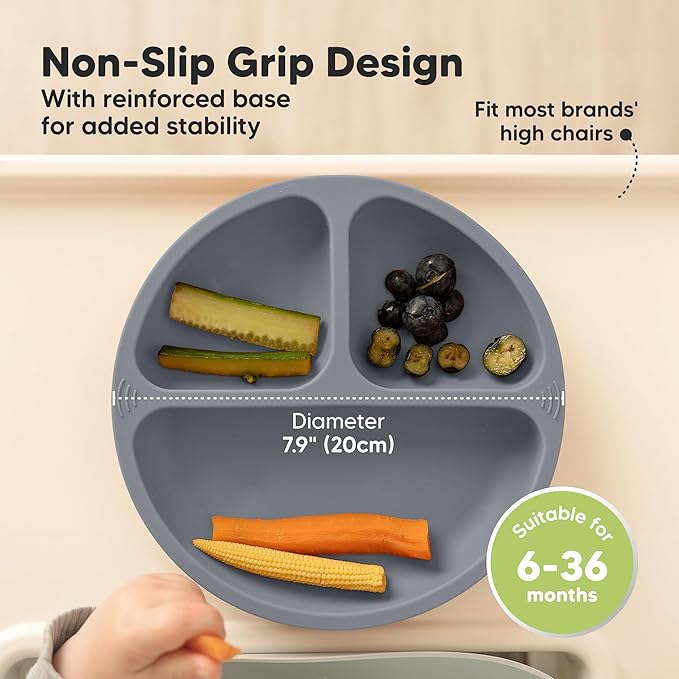 KeaBabies Suction Plates for Baby, Toddler - 3-Pack 100% Silicone Toddler Plates, Divided Baby Plates with Suction, Silicone Plates for Baby, Kids, BPA-Free, Microwave, Dishwasher Safe (Slate)