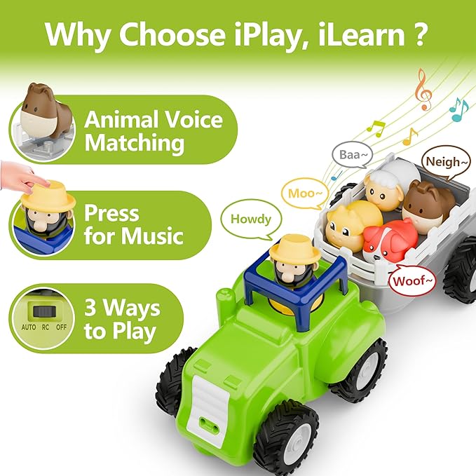 iPlay, iLearn Toddler Remote Control Farm Tractor Toy, Baby RC Trailer Truck Set, Music Pretend Farmer Animals Vehicle Playset W/Sound, Birthday Gifts for 18 24 Month 2 3 4 Year Old Kids Boys Girls