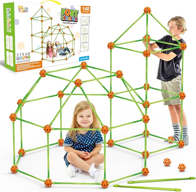 Fort Building Kit for Kids,STEM Construction Toys 3 4 5 6 7 8 9 10 11 12 Activity,140 Pcs,Orange