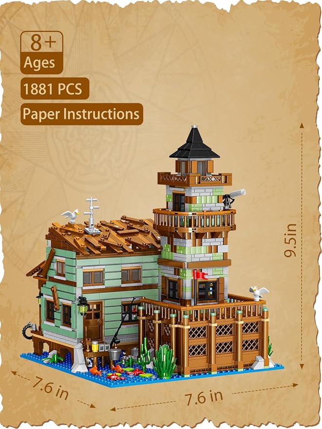 Fishing Village Store House Building Set, 1881 PCS Wood Cabin Mini Building Block Kit 8-14+ Teens
