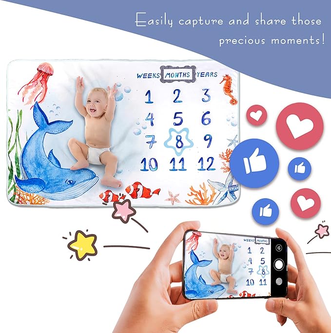 Baby Milestone Blanket| Original Design Baby Monthly Milestone Blanket Boy Girl 60'x40' Ocean