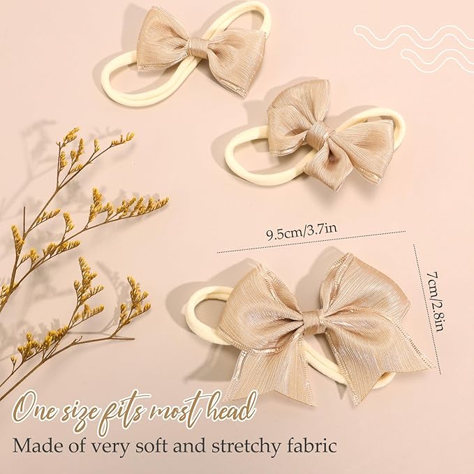3PCS Baby Girl Bows Soft Stretchy Nylon Headbands Handmade Gold