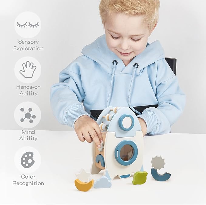 ibwaae Wooden Rocket Activity Cube, Space Busy Board Toys 5 in 1 Shape