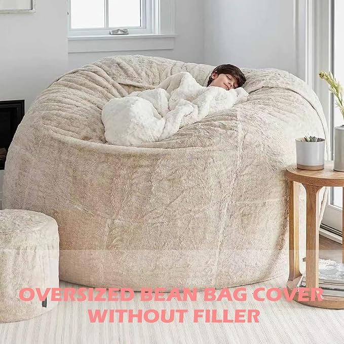 BCU Oversized Bean Bag Cover Comfy Beanbag Chair for Adults Without Filler Faux Fur Floor Chair Lazy Sofa Cover Comfy for Living Room Chairs, Dark Blue, 5FT