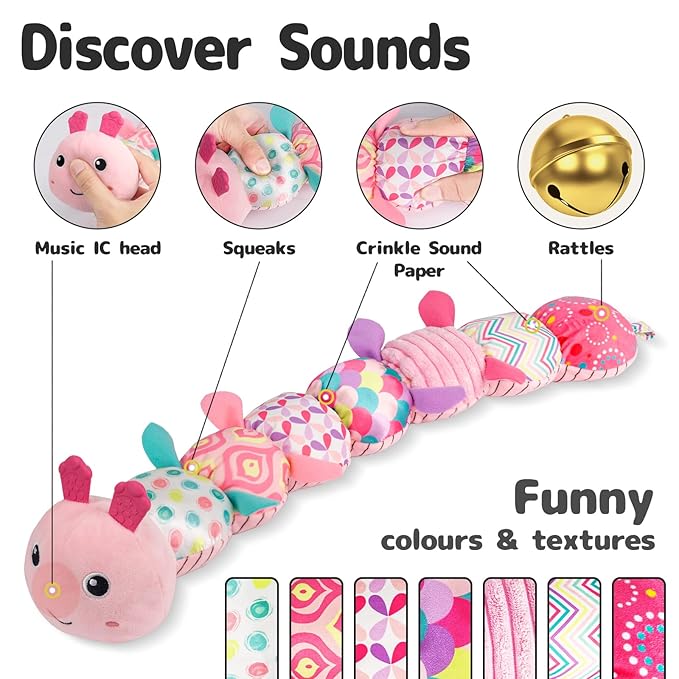 Infant Baby Musical Stuffed Animal Activity Soft Toys with Multi-Sensory Crinkle, Rattle and Textures 0-3-6-12 Months