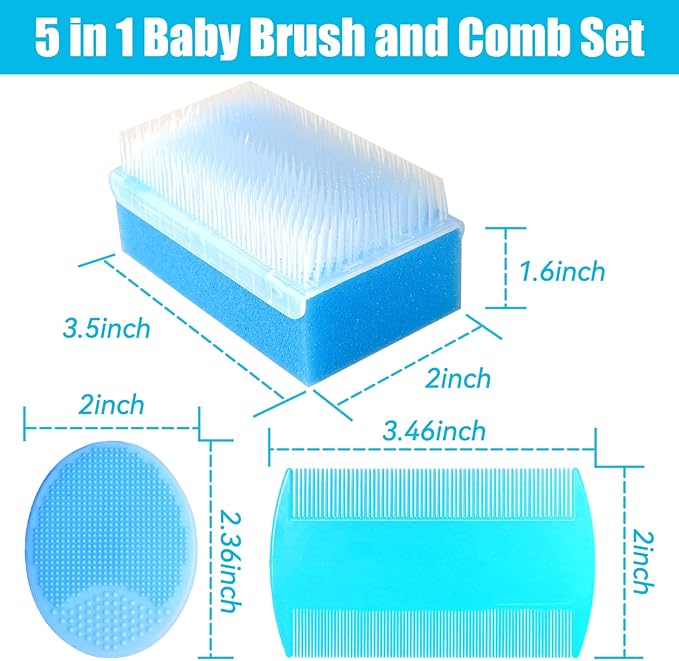 Cradle Cap Brush for Babies, 5Pcs Cradle Cap Treatment Set with Soft Bristle Brushes Silicone Scrubber Fine-Tooth Comb for Newborn Bathing Essentials Baby Brush and Comb Set (Blue)