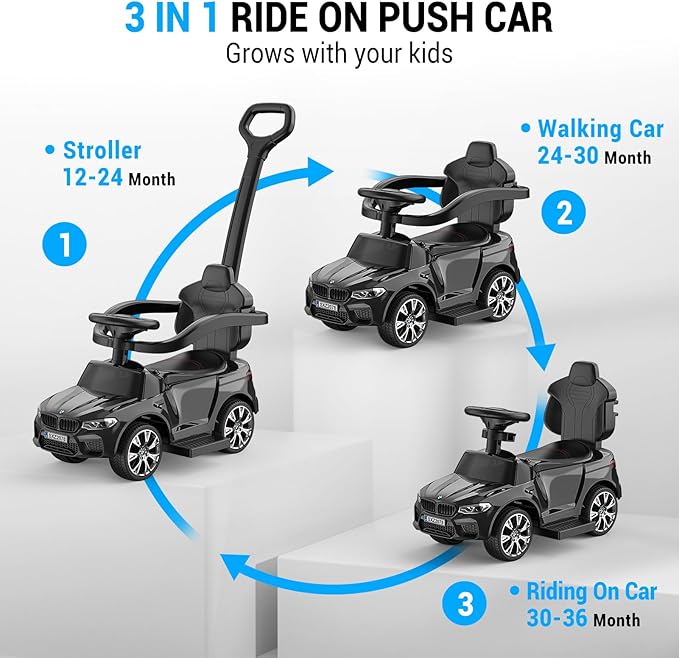 Hetoy Push Cars for Toddlers 1-3 Boys Girls,4-in-1 Ride On Cars Licensed BMW with Horn, Music