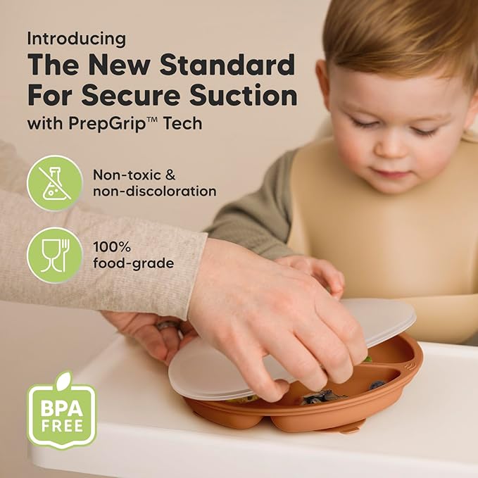 KeaBabies Suction Plates with Lids for Baby - 3-Pack 100% Silicone Suction Plates for Baby, Kids,Toddler Plates,Divided Baby Plates with Suction,Lids, BPA-Free, Microwave, Dishwasher Safe (Terracotta)